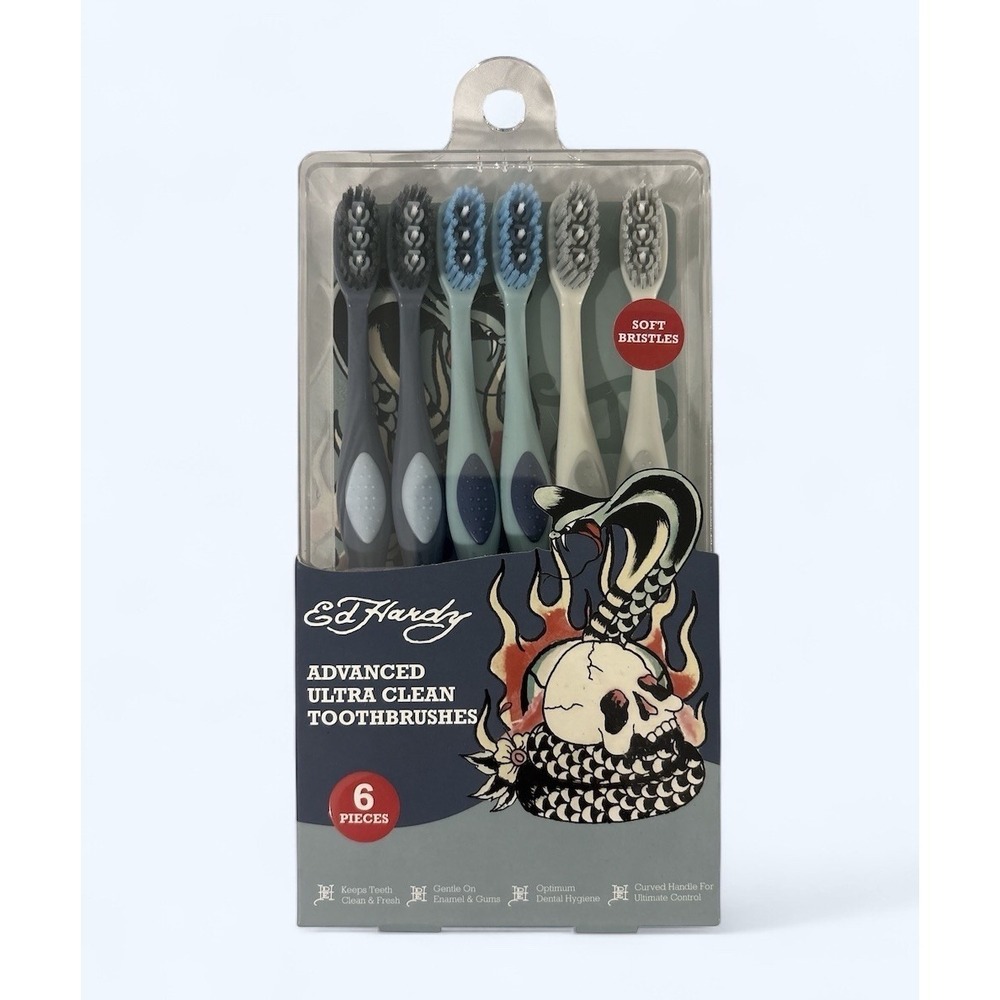 Ed Hardy 6 Piece Advanced Ultra Clean Toothbrush Set‎ White Blue Gray